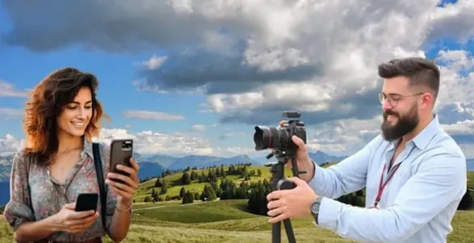1 Photo de présentation de l'articl Avec 2 personnages Une femme prenant Des photos avec son smartphone Et un homme prenant des photos Avec un appareil Bridge Sur un trépied ledegoteur.fr